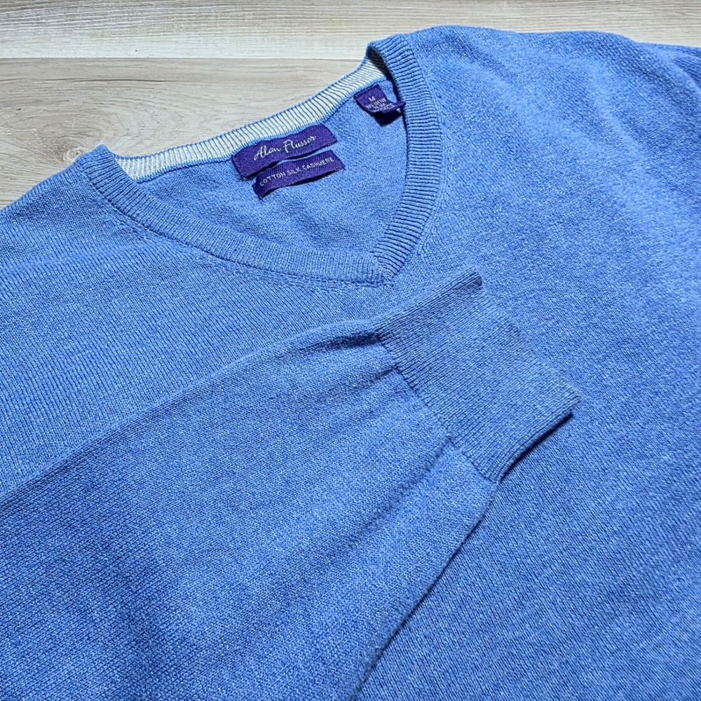 Alan‎ Flusser Sweater Mens Medium Blue Cotton Silk Cashmere V-Neck Pullover Knit
